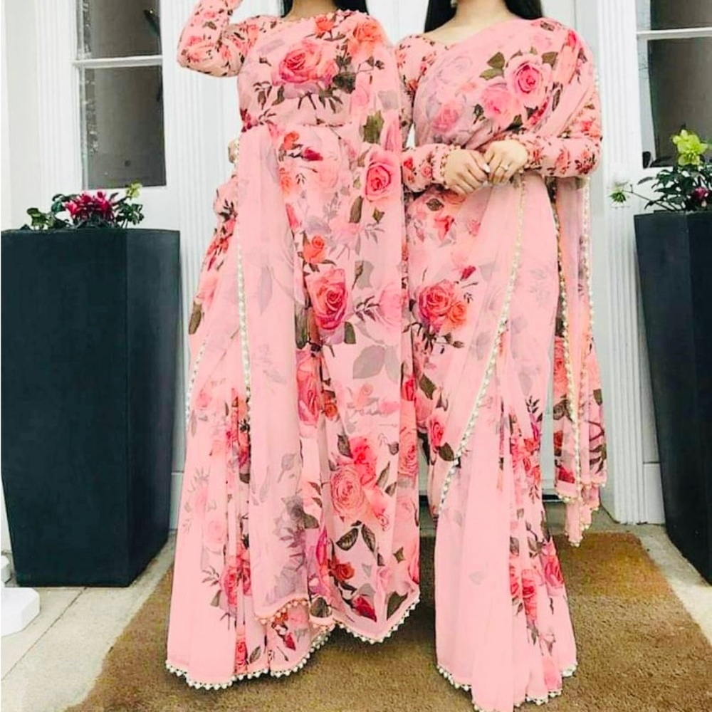 Pink Georgette Saree Floral Printed .